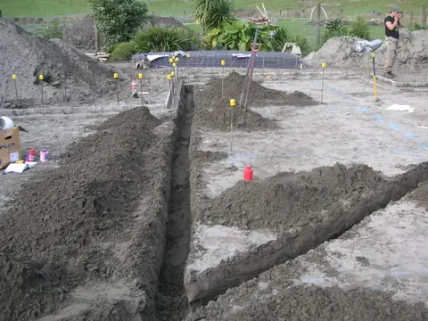 Drainage trenches set out on a new build site ahead of the slab pour